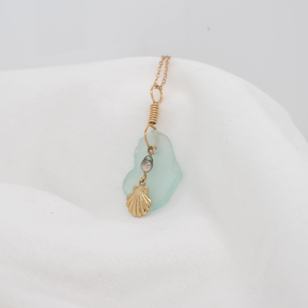 Light Blue Sea Glass pendant with Keshi Pearl and Scallop Shell Charm