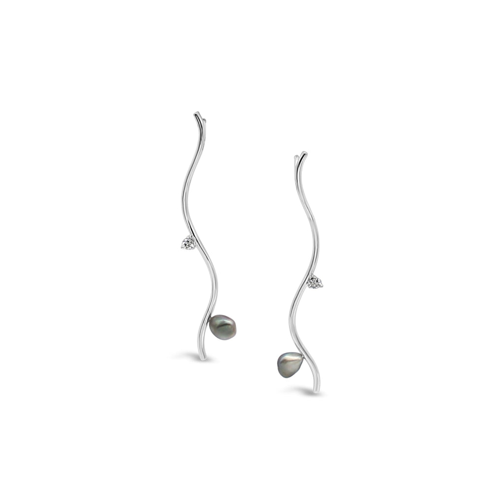 Abrolhos Keshi Pearl and Diamond Wave Earrings Sterling Silver