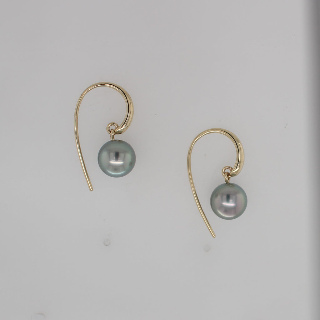 9ct Yellow Gold Curved Shepard Hook Earrings with Abrolhos Island Black Pearl