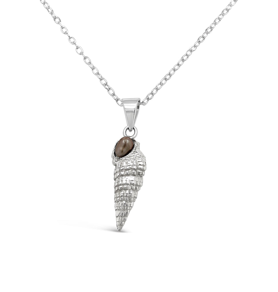 Elevate your style with our stunning silver cone shell pendant featuring a mesmerizing Abrolhos Keshi pearl.