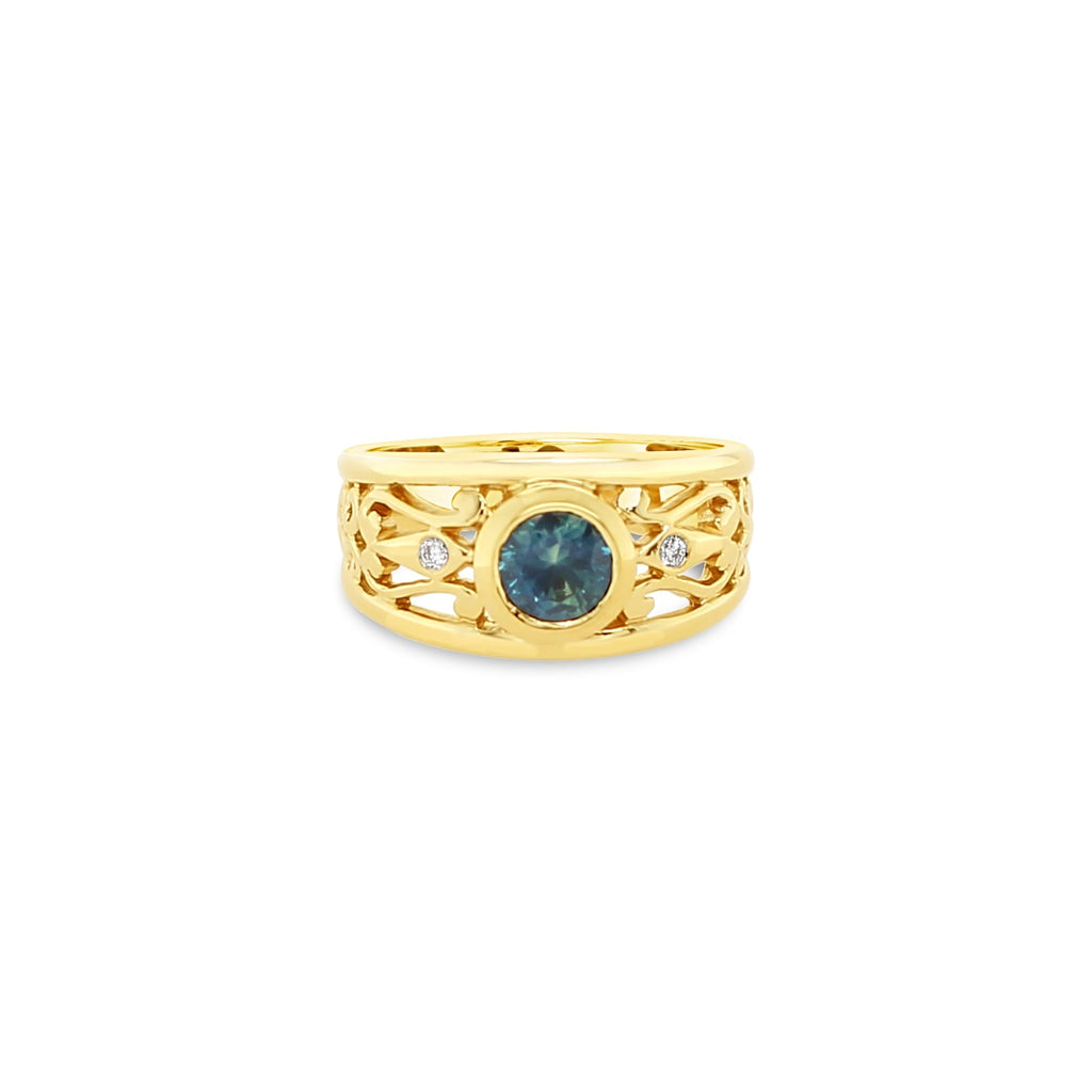 Elevate your style with our exquisite 9ct yellow gold filigree ring, adorned with a stunning Australian sapphire. Shop now at Latitude Jewellers