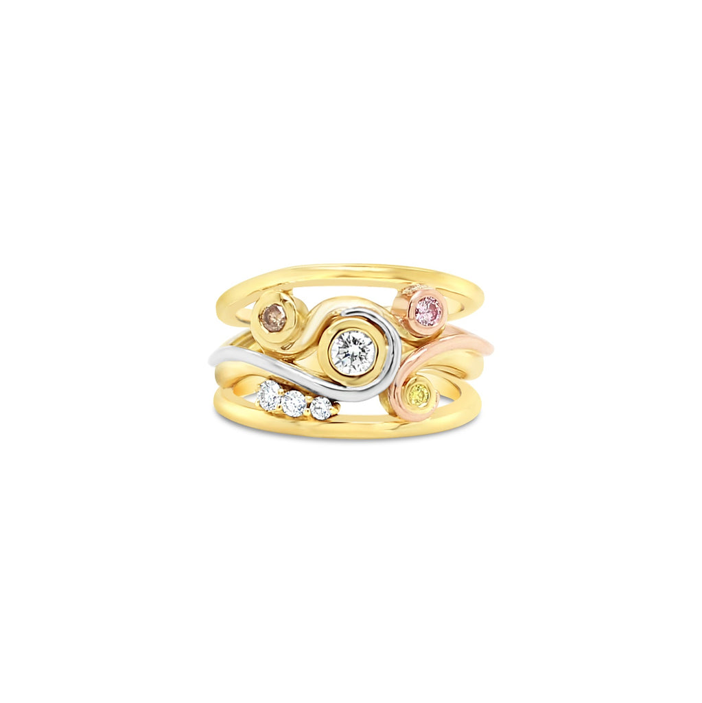Elevate your style with our exquisite 9ct yellow gold swirl ring adorned with dazzling diamonds from the renowned Argyle Mine.