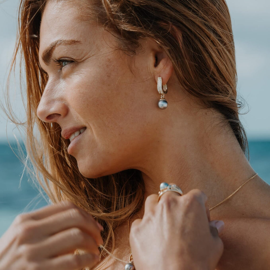 Pia Huggie Earrings with Abrolhos Black Pearls and Diamonds