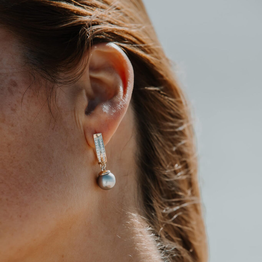 Pia Huggie Earrings with Abrolhos Black Pearls and Diamonds