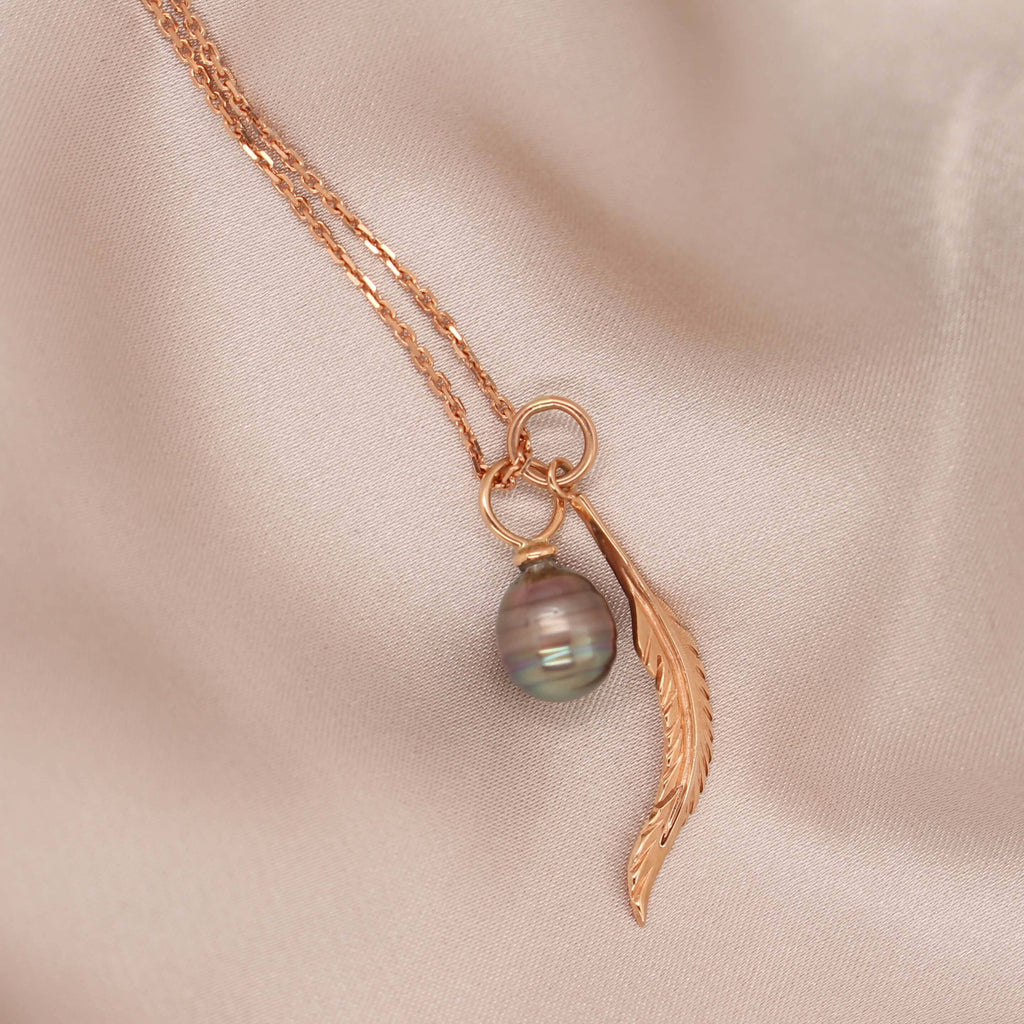 Black Pearl and Feather Necklet in Rose Gold