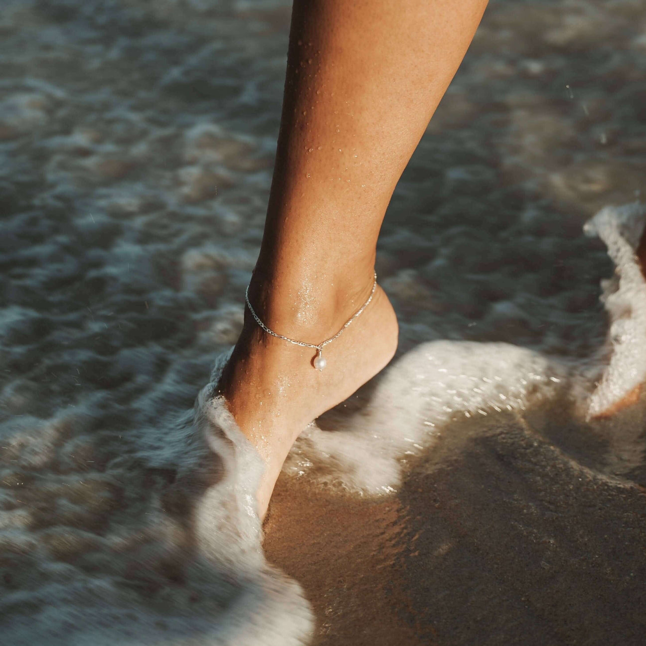 Sterling Silver Anklet with White Akoya Pearl