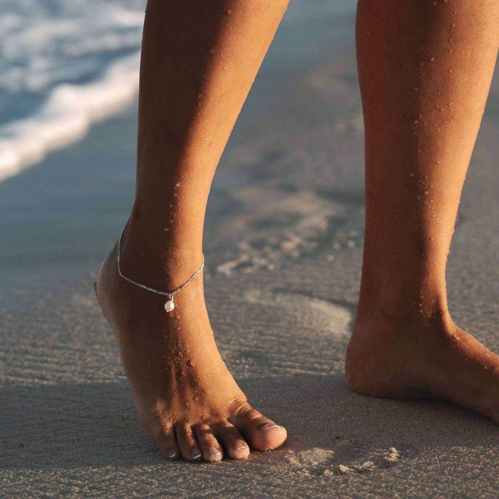 Sterling Silver Anklet with White Akoya Pearl