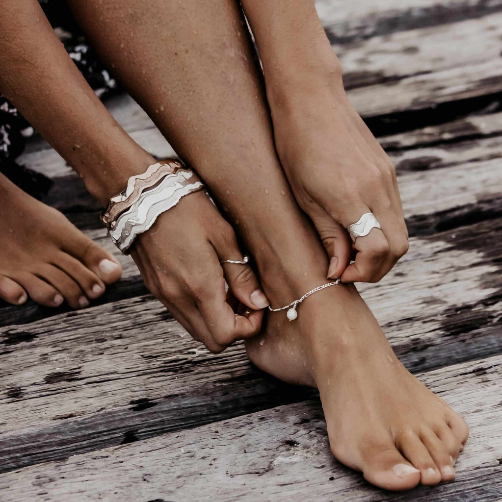 Sterling Silver Anklet with White Akoya Pearl