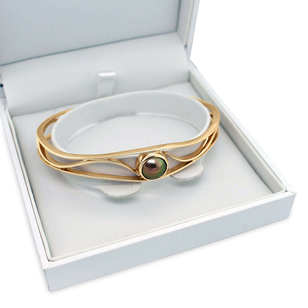 Open Lexi Cuff featuring Abrolhos Island Black Pearl in Yellow Gold