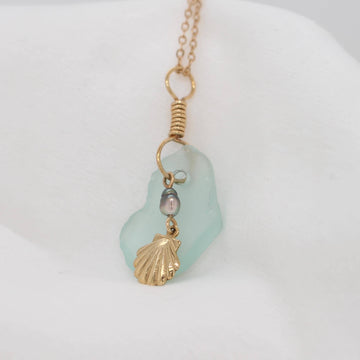 Light Blue Sea Glass pendant with Keshi Pearl and Scallop Shell Charm