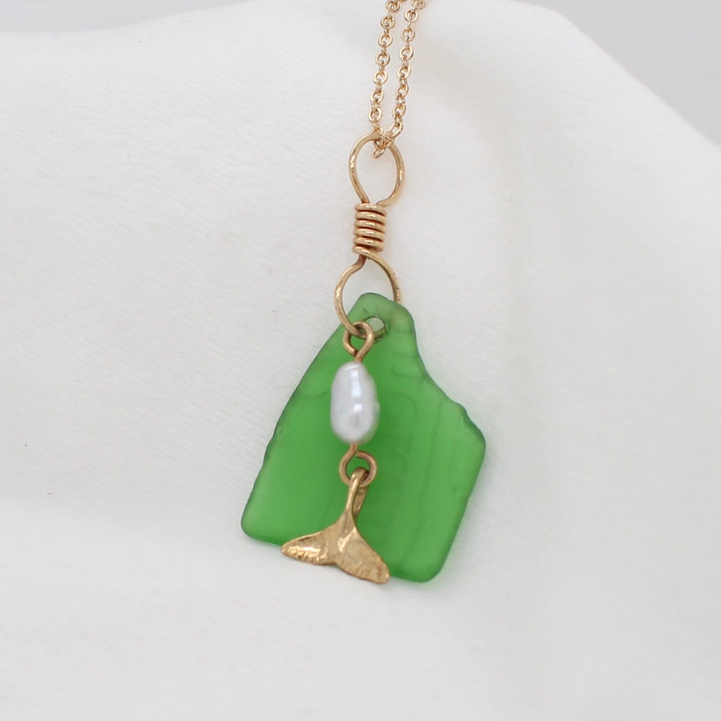 Green Sea Glass pendant with Keshi Pearl and Whale-Tail Charm