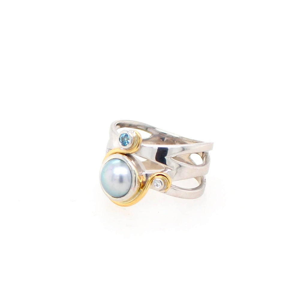 White Gold Ring with Black Pearl, Aquamarine and Diamond