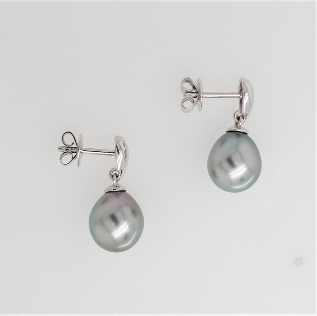 9ct White Gold Articulated Tear Drop Stud Earrings featuring Abrolhos Island Black Pearls