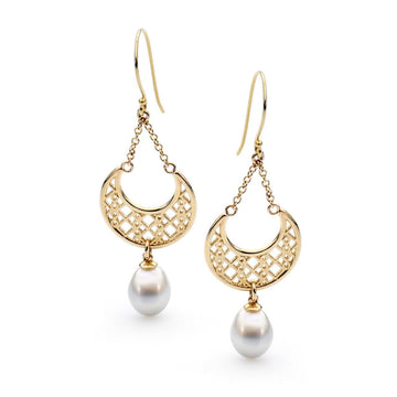 Moroccan Drop Earrings in Yellow Gold with South Sea Pearls