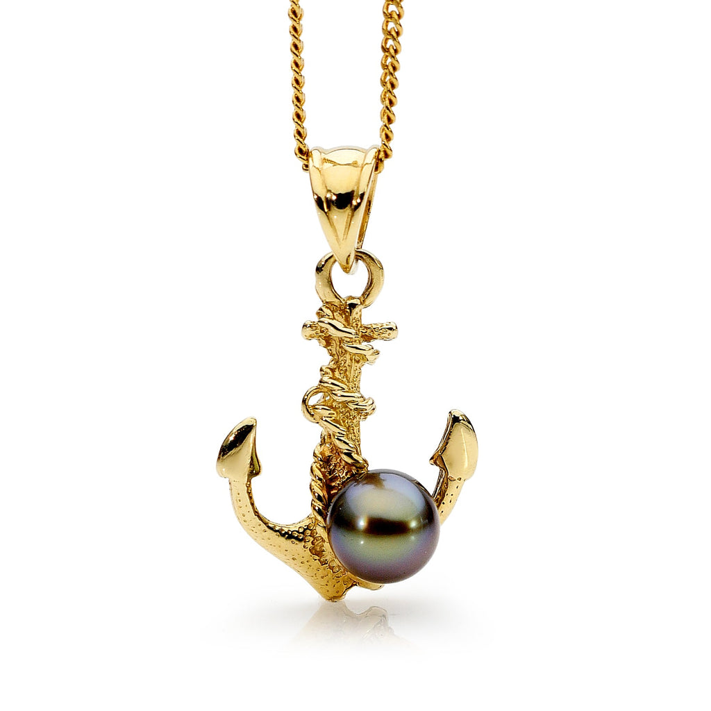 Discover the allure of our Abrolhos Anchor in stunning gold, adorned with a captivating Abrolhos black pearl at Latitude Jewellers.