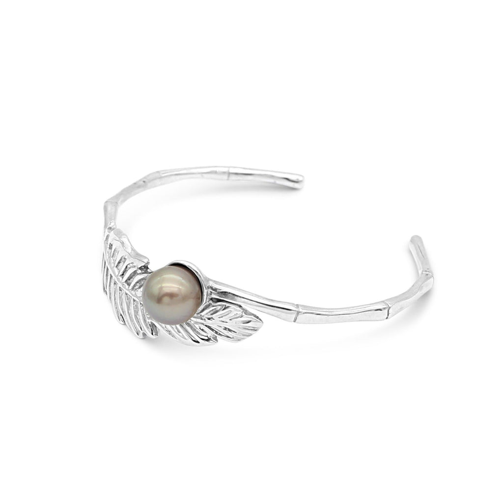 Feather Bamboo Cuff Bracelet Sterling Silver with Abrolhos Island Pearl