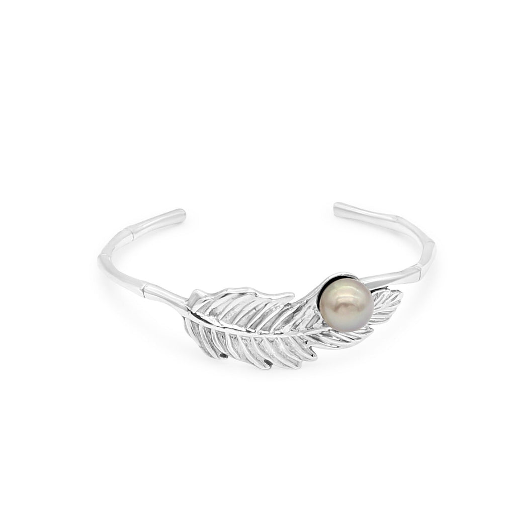 Feather Bamboo Cuff Bracelet Sterling Silver with Abrolhos Island Pearl