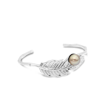 Feather Bamboo Cuff Bracelet Sterling Silver with Abrolhos Island Pearl