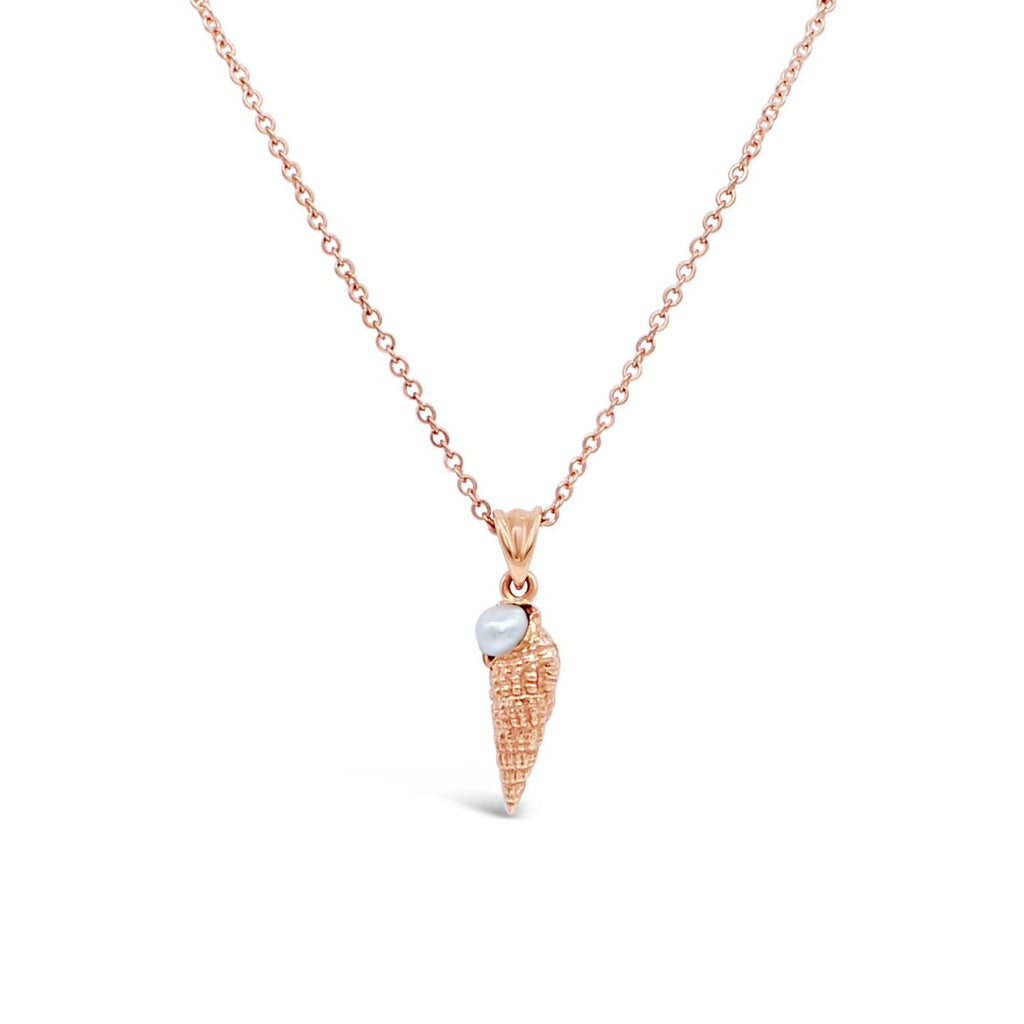 Elevate your style with our stunning rose gold cone shell pendant featuring a mesmerizing Abrolhos Keshi pearl. Shop now at Latitude Jewellers!