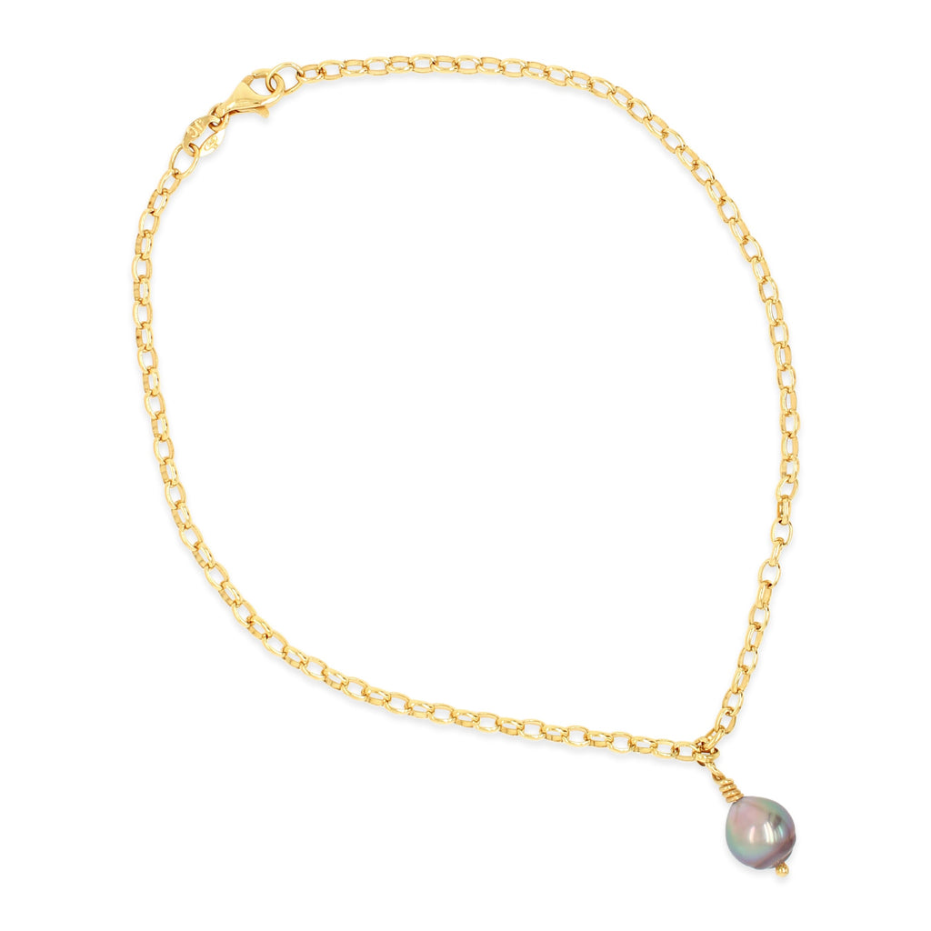 Yellow Gold Anklet Abrolhos Island Black Pearl (oval belcher chain)