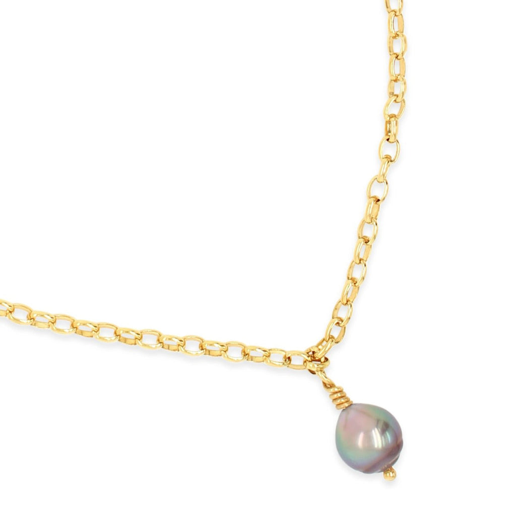 Yellow Gold Anklet Abrolhos Island Black Pearl (oval belcher chain)