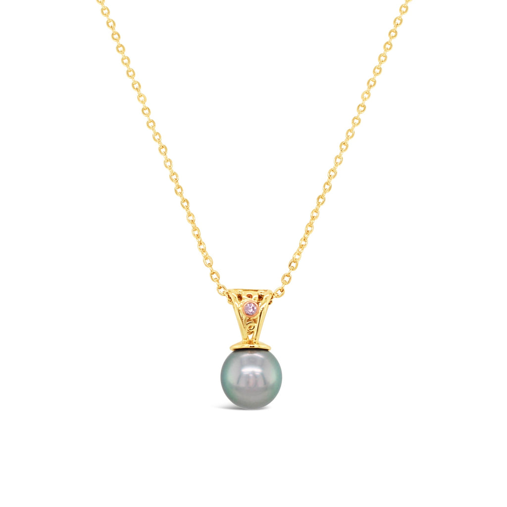 Argyle Pink Diamond featured on a Yellow Gold Filigree Pendant with Abrolhos Black Pearl