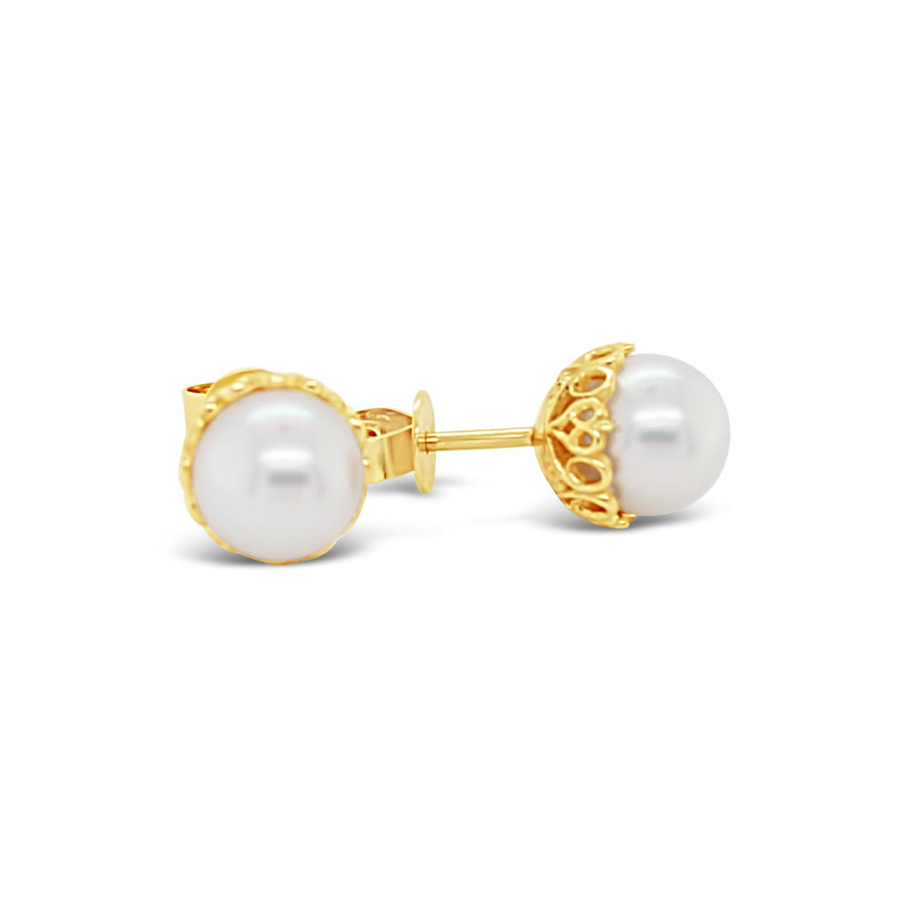 9ct Yellow Gold Filigree Stud Earrings featuring South Sea Pearls