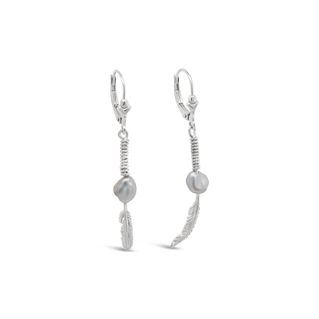 Sterling Silver Feather & Pearl Earrings