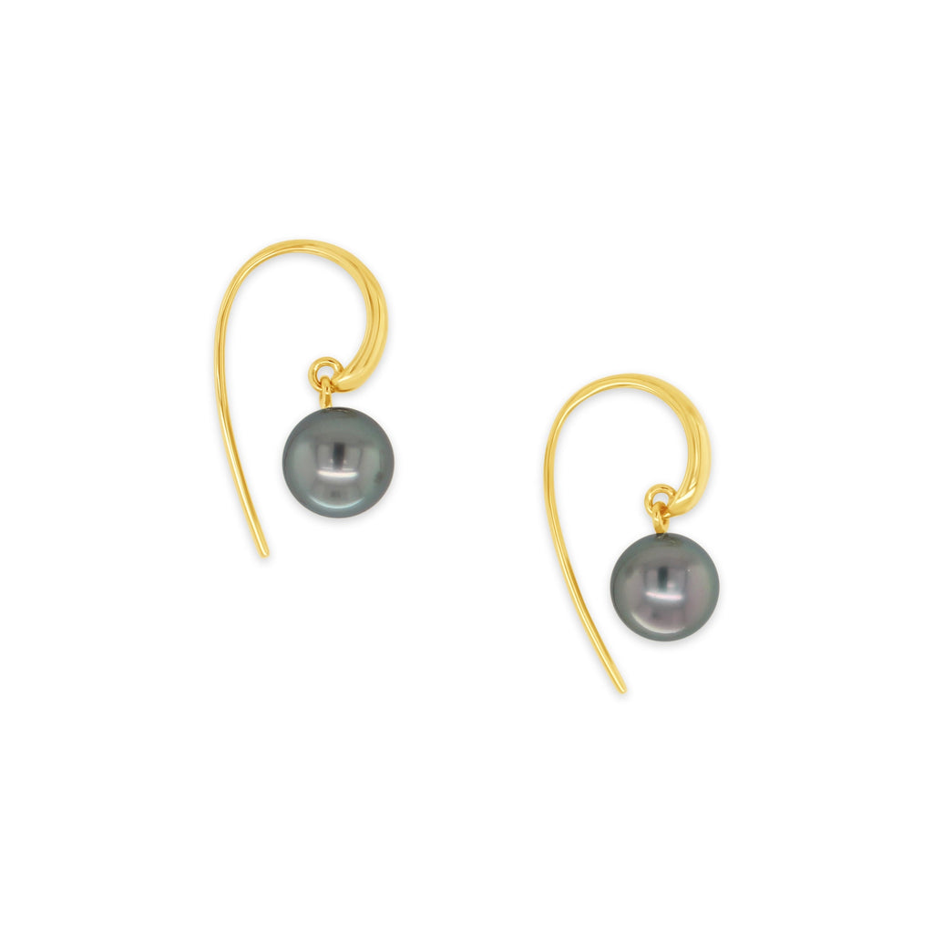 9ct Yellow Gold Curved Shepard Hook Earrings with Abrolhos Island Black Pearl