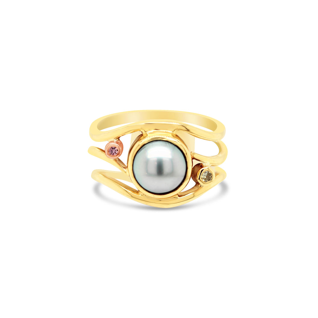 9ct Yellow Gold Slim Lexi Ring with an Abrolhos Island Balck Pearl and Argyel Pink and Yellow Diamond