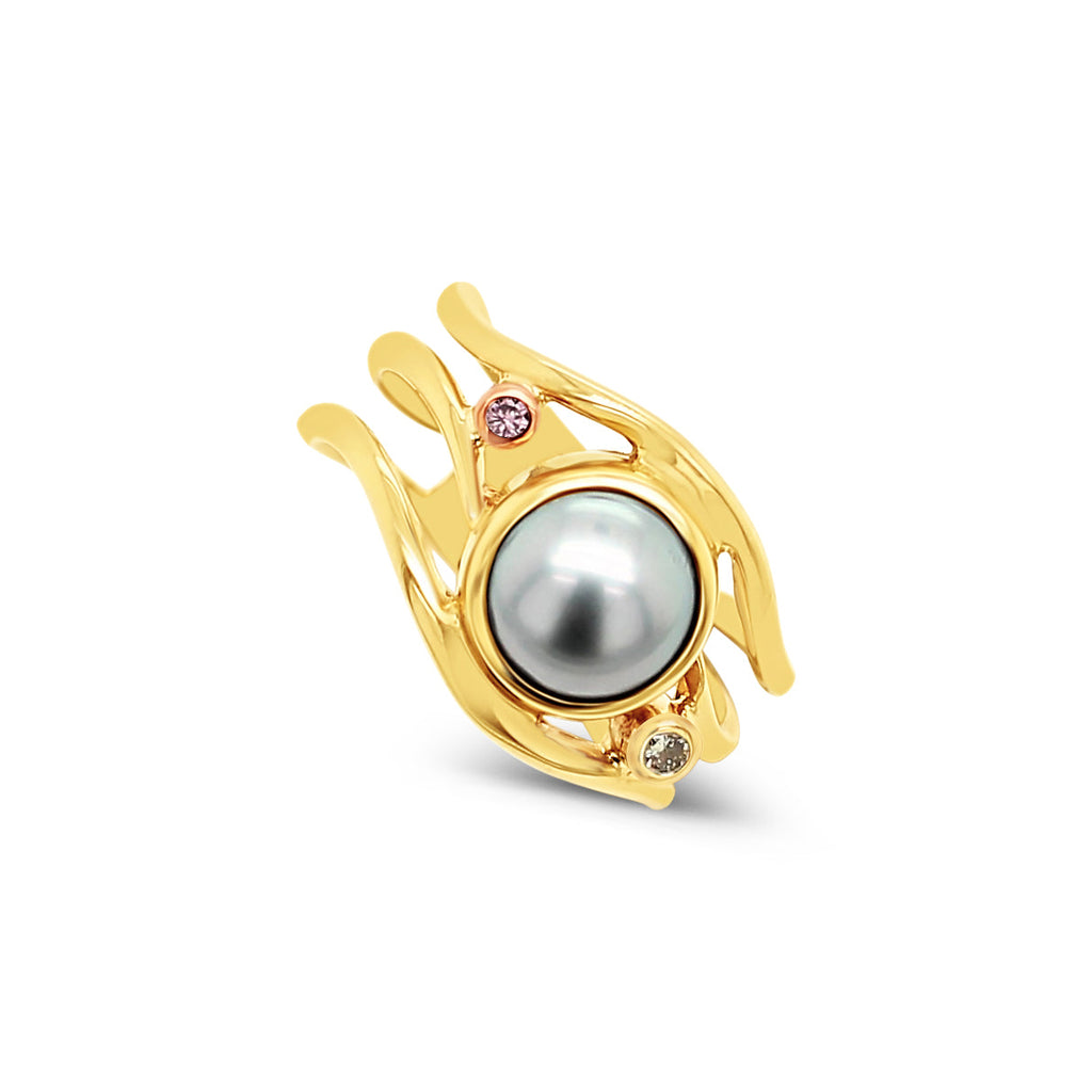 9ct Yellow Gold Slim Lexi Ring with an Abrolhos Island Balck Pearl and Argyel Pink and Yellow Diamond