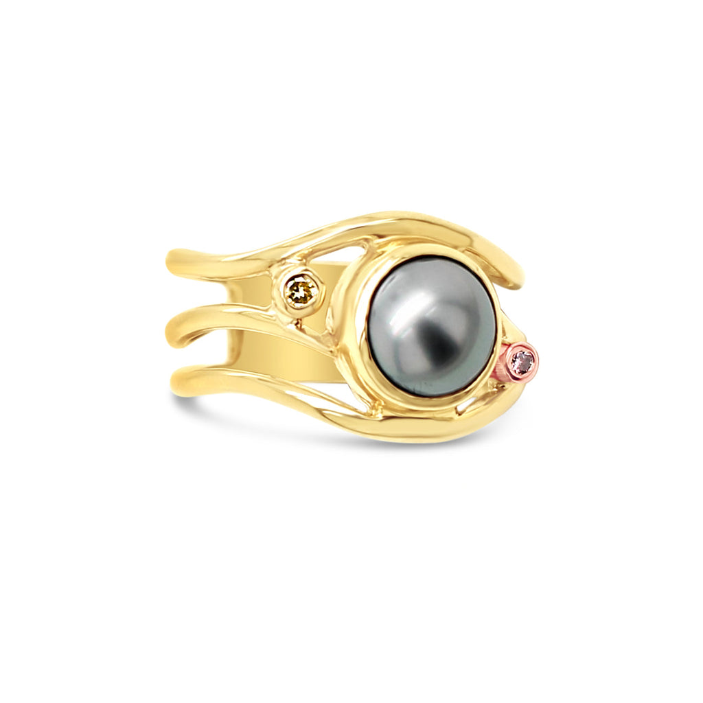 9ct Yellow Gold Slim Lexi Ring with an Abrolhos Island Balck Pearl and Argyel Pink and Yellow Diamond