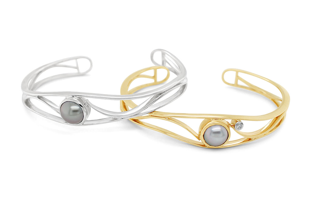 Open Lexi Cuff Silver Bangle featuring Black Pearl