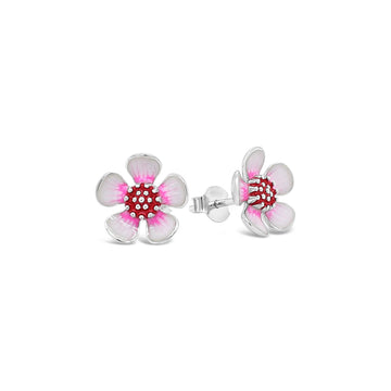 Geraldton Wax Enamel Flower Stud Earrings Sterling Silver