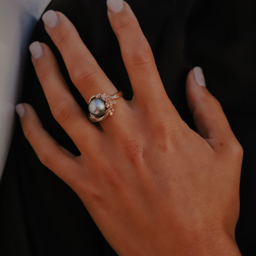 Geraldton Wax Inspired Abrolhos Island Black Pearl Ring