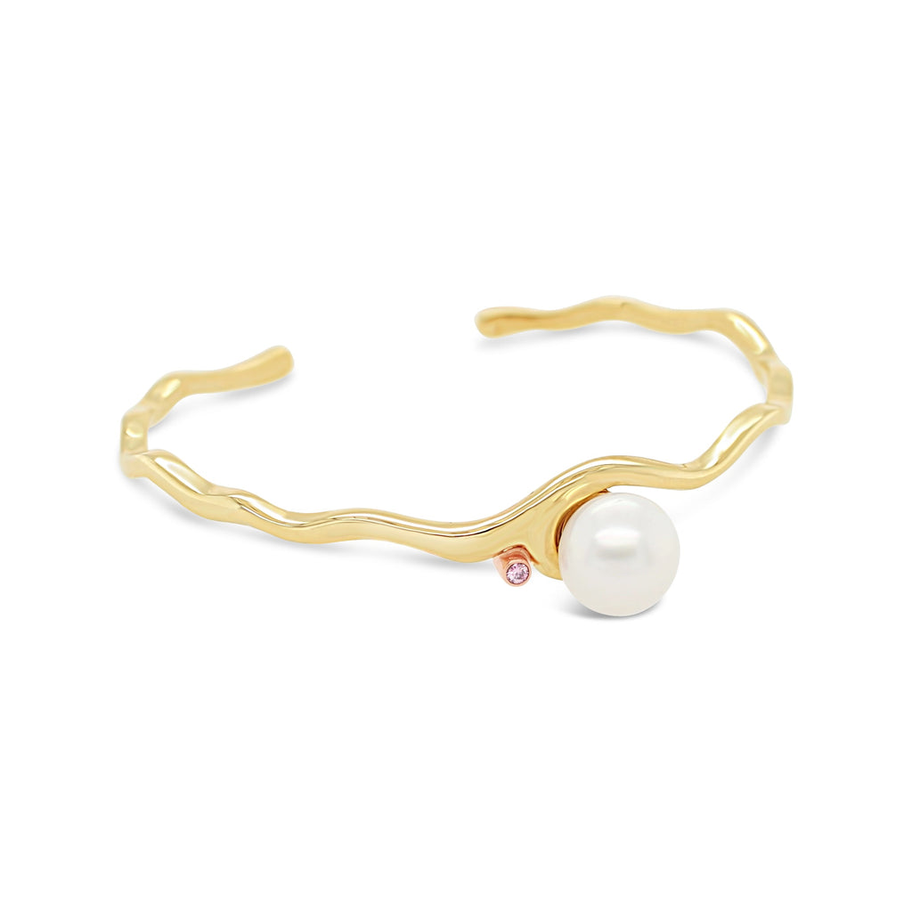 Pink Diamond Featured on Island Bound Wave Cuff and White South Sea Pearl