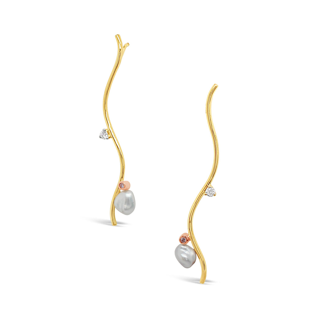 Pink Diamonds featured on Abrolhos Keshi Pearl and Diamond Wave Earrings 9ct Yellow Gold