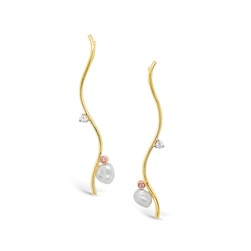 Pink Diamonds featured on Abrolhos Keshi Pearl and Diamond Wave Earrings 9ct Yellow Gold
