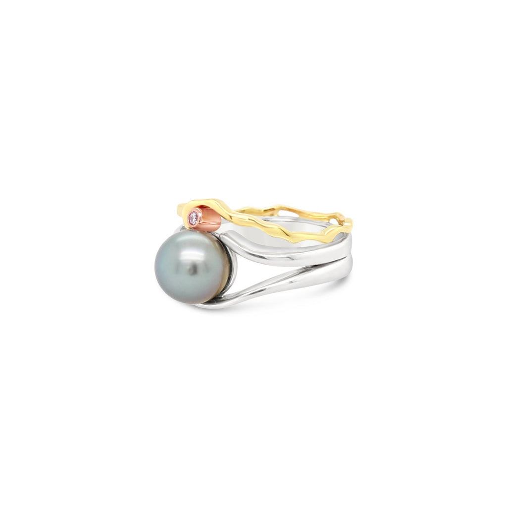 Pink Diamond featured on Island Bound Wave 9ct White and Yellow Gold ring with Abrolhos Island Black Pearl