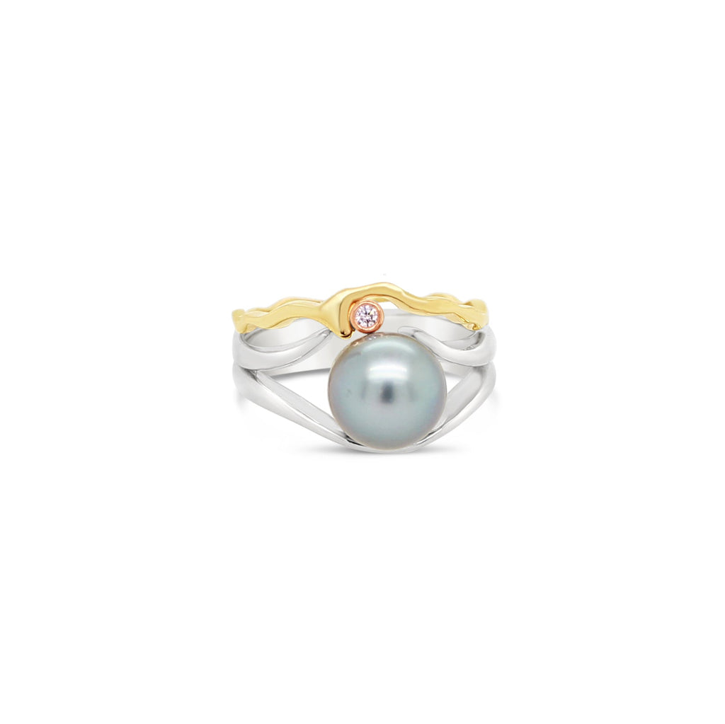 Pink Diamond featured on Island Bound Wave 9ct White and Yellow Gold ring with Abrolhos Island Black Pearl