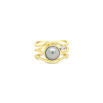 Open Slim Lexi Yellow Gold Ring with Diamond and Abrolhos Pearl